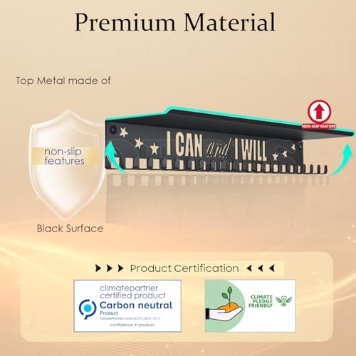 iBobbish Metal Medal Hanger Display,Non-Slip Trophy Shelf with 20 Hooks,Wall Mount,Heavy Duty,Non-Bent,Holds 22-33lbs,for Gymnastics,Race,Soccer,Swim - color: Black, style: NON-SLIP I CAN and I WILL
