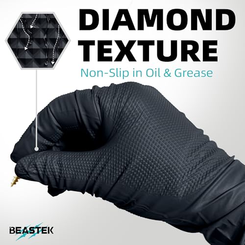 BEASTEK Nitrile Disposable Gloves, 8Mil Latex & Powder Free Chemical Resistant Heavy Duty Food Safe Diamond Glove Black 50Pcs - color: X-large (Black)