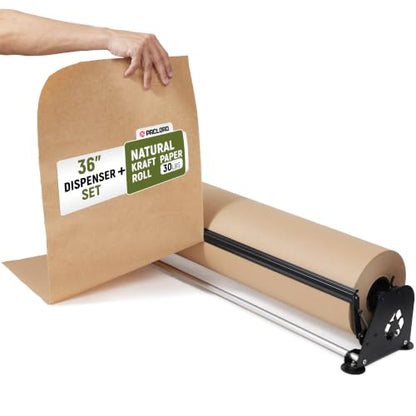 36" Paper Dispenser with Cutter + 30 lb Natural Brown Kraft Paper Roll - color: 1 Roll + Dispenser, size: 36" x 1200' 30 Lb