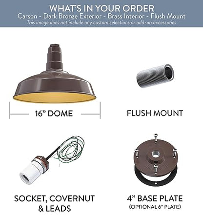 Flush Mount Barn Light Pendant 16" Dome | Garage | Dark Bronze/Brass - color: Dark Bronze with Brass Interior, size: Flush Mount