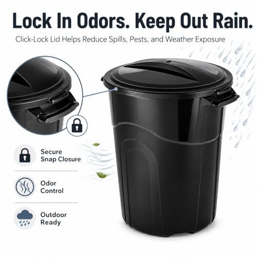 32 Gallon Outdoor Trash Can with Locking Lid, Plastic Garbage Bin - size: 32-Gallon Round