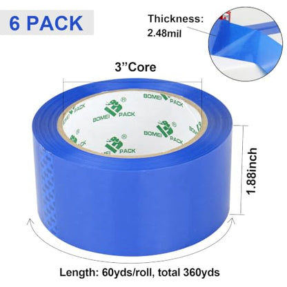 BOMEI PACK Blue Packing Tape, 6 Rolls of 1.88'' x 60yds Per Roll - color: blue