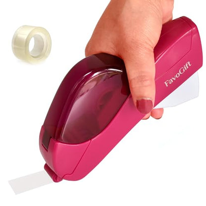 One-Handed Tape Dispenser Gun - Automatic Cutter for Gift Wrapping, Office & Crafts - Portable, Safe Hidden Blade, No Batteries - Fits 1/2" to 3/4" Tape (Include 1 Roll, Pink) - color: Pink