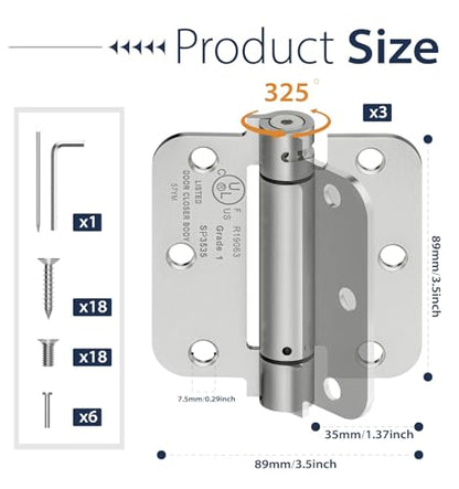 3-Pack 3.5 Inch Self Closing Door Hinges,5/8" Radius Corners,Brushed Nickel - size: 3.5"-3 Pack-5/8" Corner