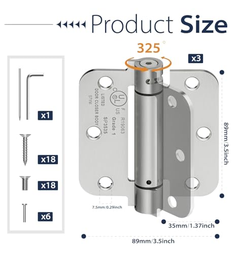 3-Pack 3.5 Inch Self Closing Door Hinges,5/8" Radius Corners,Brushed Nickel - size: 3.5"-3 Pack-5/8" Corner