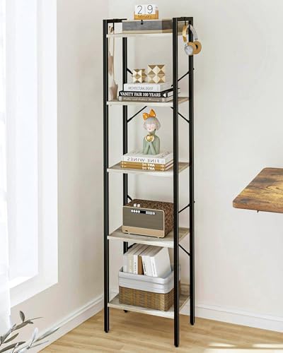 Hzuaneri Bookshelf, Book Shelf, Industrial Bookcase with 2 Hooks - color: Greige, size: 9.4"D x 15.7"W x 63"H