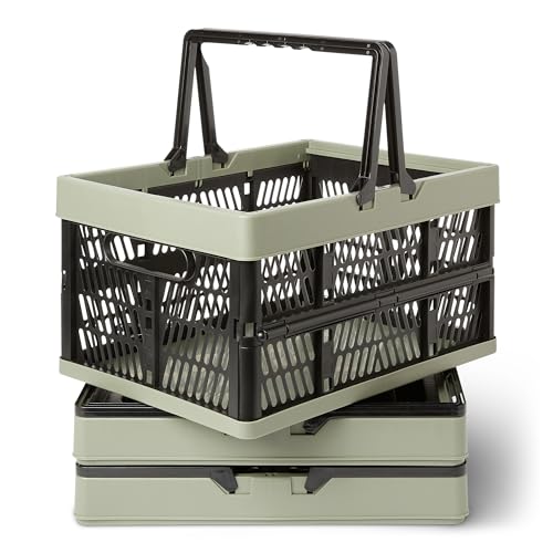 Amazon Basics Collapsible Plastic Grocery Shopping Baskets with Ergonomic Handles, Stackable, 6.6 Gallon Capacity, Green, 3 Pack