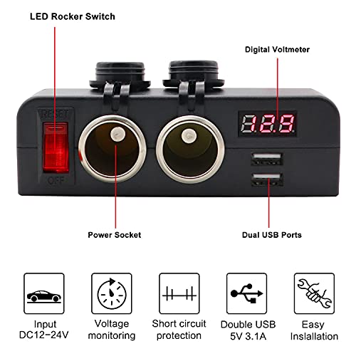 Dual USB Socket Charger and Dual 12V Power Outlet Cigarette Lighter Splitter Adapter with LED Voltmeter On/Off Switches for Car Rv Truck Marine Boat Camper Vehicles - color: Multi Function Adapter