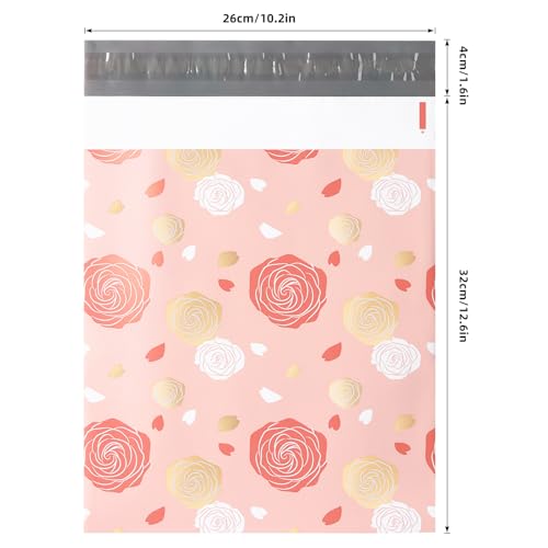 10x13 Inch Poly Mailers, Pink Golden Roses, 100 Pack Self Sealing - color: Pink Gold Roses