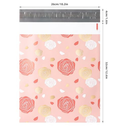 10x13 Inch Poly Mailers, Pink Golden Roses, 100 Pack Self Sealing - color: Pink Gold Roses