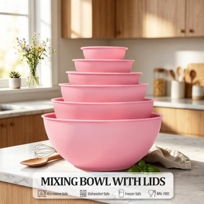 BoxedHome BPA Free Plastic Round Mixing Bowl with Lids, 12 Pack Nesting Bowls with Lids Set, Microwave and Dishwasher Safe Prep & Serving Bowls Great for Mixing, Baking, Serving (Pink, 12pcs) - color: Pink