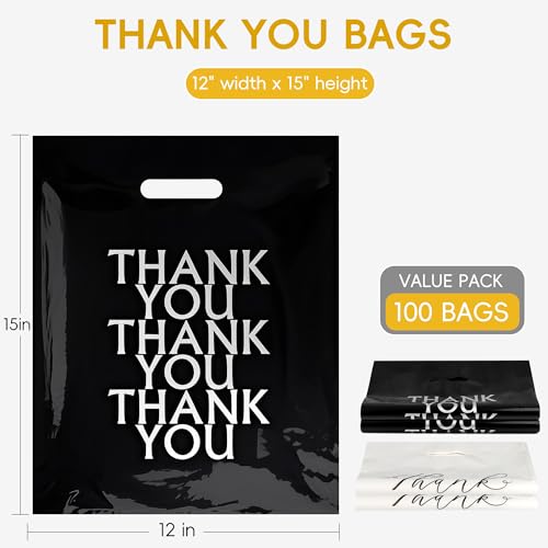 Thank You Bags for Business Small, 100 PCS 12x15 Plastic Shopping Bags - color: Black & White Thank You Bags