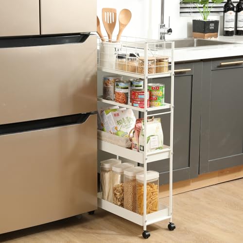 KINGRACK 4 Tier Slim Rolling Cart, Metal Utility Storage Cart with Wheels - color: White, size: 4-Tier