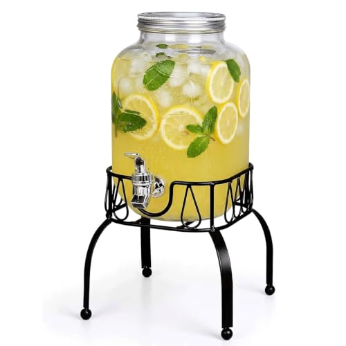 Estilo Gallon Drink Dispenser with Stand - Glass Beverage Dispenser with Stand for Weddings - Sun Tea Jar with Spigot 1 Gallon - Countertop Glass Water Dispenser for Lemonade and Parties - size: 1 Gallon, style: Single w/ Stand