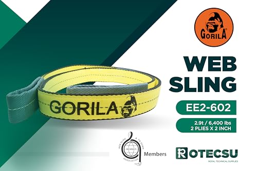 GORILA Polyester Heavy Duty Lifting Web Sling | 2ply -2 inch | 6,400lbs x 6,5ft (2,9 Ton x 2 Meters) | WSTDA Members | Safety Factor 5:1 | Since 1989 - size: 6,400lbs – 6,5ft / 2,9t – 2m