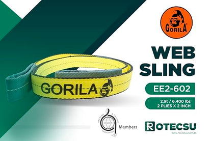 GORILA Polyester Heavy Duty Lifting Web Sling | 2ply -2 inch | 6,400lbs x 10ft (2,9 Ton x 3 Meters) | WSTDA Members | Safety Factor 5:1 | Since 1989 - size: 6,400lbs – 10ft / 2,9t – 3m