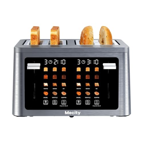 Mecity 4 Slice Touchscreen Toaster, 6 Bread Modes & 6 Browning Levels, Dual Touch Control Wide Slot Stainless Steel Electric Toaster with Memory, Defrost, 3-Min Auto Shutoff for White, Bagels, Waffles - color: 4 Slot-Brushed stainless steel gray