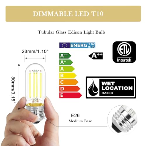 3.2 Inch 5000K Daylight White E26 LED Bulb 60 Watt Equal, AC 120V 600LM Edison Bulbs Dimmable, 6W T10 T30 Filament Light Bulbs Clear Glass for Fan Pendant Wall Light, ETL Certified-4 Pack - size: 3 Inch 6W (4 Count)