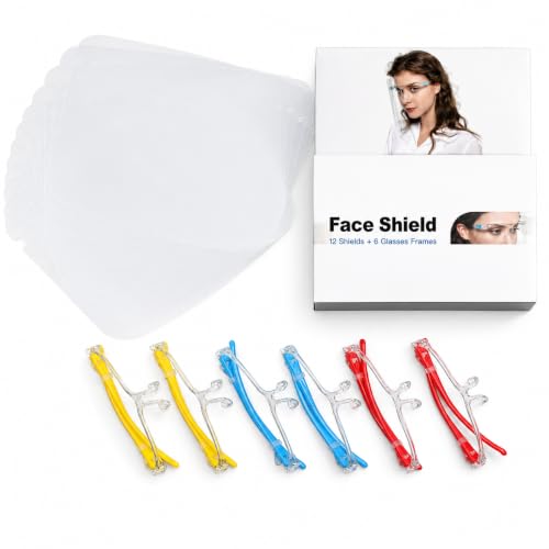 Face Shields Set with 12 Replaceable Anti Fog Shields and 6 Reusable Colored Glasses for Man and Women to Protect Face and Eyes