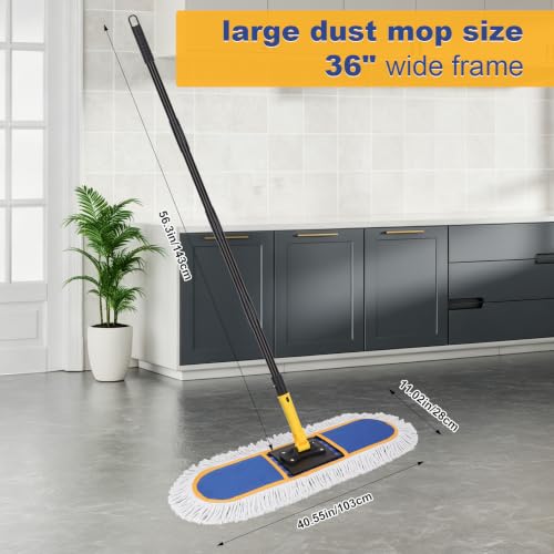 36" Commercial Dust Mop: Heavy Duty Industrial Floor Duster with 2 Cotton Reusable Mop Pads - 59 Inch Long Handle Wet Dry Flat Mops for Floor Cleaning (Blue) - color: 36 Inch-2 Blue Mop Pads