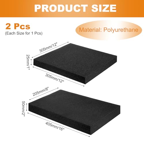 MECCANIXITY 2 Pcs Black Foam Inserts 16"Lx8"Wx2"T & 12"Lx12"Wx1"T - size: 16"Lx8"Wx2"T / 12"Lx12"Wx1"T