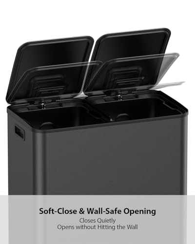 Lovewind Dual Trash and Recycling Bins for Kitchen, 2 * 11-Gallon Stainless Steel Double Trash Can, Step-On Garbage and Recycle Combo, Quiet Close, Pet-Proof, Compatible with 13-Gallon Bags, Black - color: Black, size: 2 x 11 Gallon