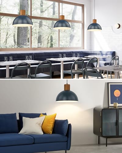 ELYONA Industrial Pendant Light 12" Hammered Metal Dome Hanging Lamp Solid Wood Pendant Light Fixtures for Kitchen Island, Farmhouse, Dining Room, Sink, Bedroom, Hallway, Modern Blue - color: Blue - 1 Pack