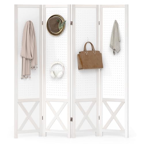 Giantex 4 Panel Pegboard Room Divider, 5.6FT Folding Privacy Screen with Peg Board Storage, Solid Wood Frame Freestanding Room Divider Wall, Foldable Pegboard Display Stand for Retail, Craft Shows - color: White Wood Grain, size: 4 Panel (64"W x 67"H)