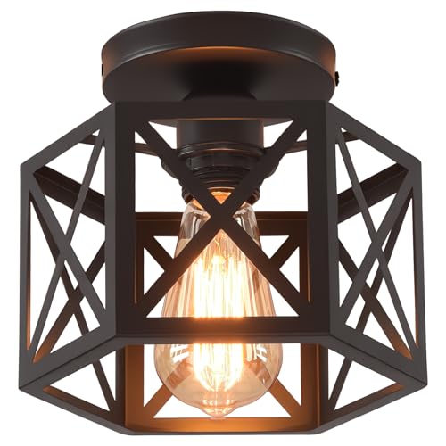 Black Flush Mount Ceiling Light,Hallway Light Ceiling Mount,Industrial Vintage Metal Cage Close to Ceiling Lights for Kitchen,Farmhouse,Bedroom - color: 8.26" Ceiling Light, size: 1 PACK