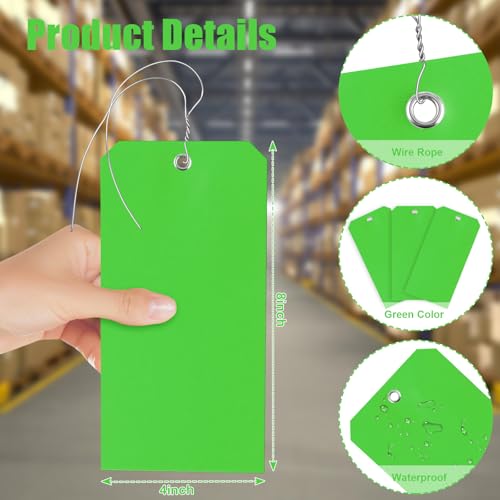 100 Pieces 4x8 inch Large Plastic Tags with Wires Heavy Duty Waterproof Shipping Tags with String Writable Blank Hang Tags for Luggage Garage Inventory Car Parts (Green) - color: Green