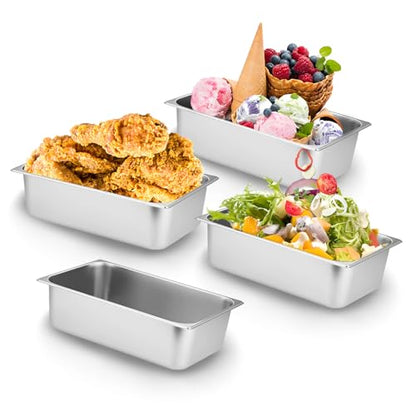 4 Pack 1/3 Size Stainless Steel Hotel Pan, 2.5 Inch Deep, 12.8 x 7 x 2.5 Inches, Dishwasher Safe, for Food Storage, Catering, Parties
