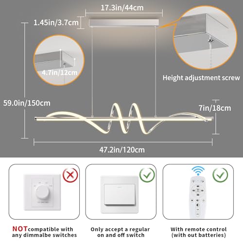 Modern Pendant Light Kitchen Island 47in Dimmable Hanging Lamp 3000k-6000K Adjustable Warm/Nautral/White with Remote Control, Kitchen Island Lighting Chrome Silver - color: A-Silver, size: 47inch