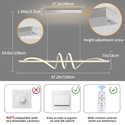 Modern Pendant Light Kitchen Island 47in Dimmable Hanging Lamp 3000k-6000K Adjustable Warm/Nautral/White with Remote Control, Kitchen Island Lighting Chrome Silver - color: A-Silver, size: 47inch
