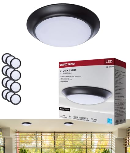 Satco 62-1803R1 7 Inch LED Disk Light, CCT Selectable 2700K-5000K, 780 Lumens, 9.5W, Triac Dimmable, 90 CRI, Wet Rated, Bronze Finish, 120 Volt, Energy Star JA8 (12 Pack)