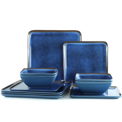 Melamine Dinnerware Set, 12-Piece Blue Square Plates and Bowls for 4