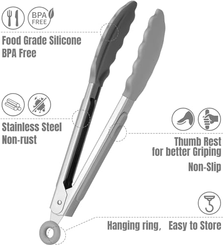 HOTEC Small Silicone Kitchen Tongs 7-Inch Mini Serving Tongs, Set of 3 - color: Neutral-1