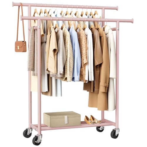 HYSEYY Clothes Rack, Double Rods Rolling Clothing Rack for Hanging Clothes, Portable Garment Rack with Wheels, Coat Rack Wardrobe Closet Load 240 LBS for Bedroom Laundry Room (Pink, L) - color: Pink