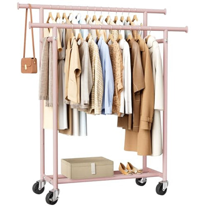 HYSEYY Clothes Rack, Double Rods Rolling Clothing Rack for Hanging Clothes, Portable Garment Rack with Wheels, Coat Rack Wardrobe Closet Load 240 LBS for Bedroom Laundry Room (Pink, L) - color: Pink
