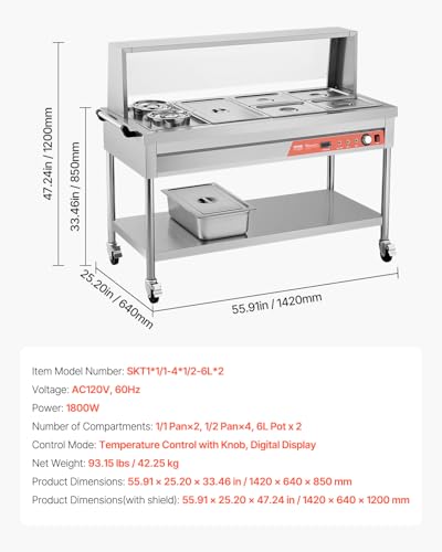 VEVOR Commercial Food Warmer, 5 Pans + 2 Pots Electric Steam Table, 1800W Professional Buffet Catering Food Warmer with Shield Undershelf Wheels, Stainless Steel Server for Party Restaurant Hotel - size: 5 Pans + 2 Pots