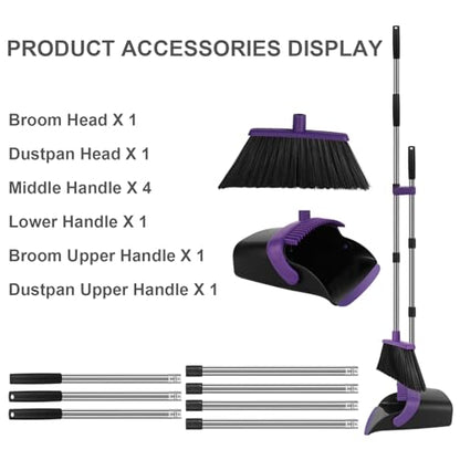 Purple Broom and Dustpan Combo Set, 55" Long Handle Broom - color: Purple, size: Large