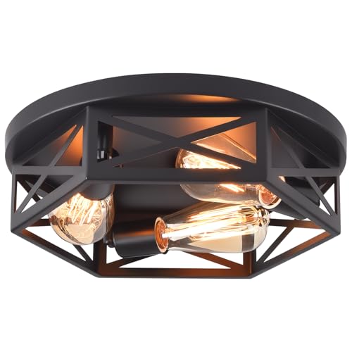 Black Flush Mount Ceiling Light,Hallway Light Ceiling Mount,Industrial Vintage Metal Cage Close to Ceiling Lights for Kitchen,Farmhouse,Bedroom - color: 3 circular ceiling lights, size: 1 PACK