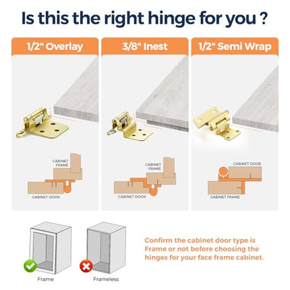 Gold Cabinet Hinges, 1/2 Inch Overlay, 4 Pack(2 Pairs) - color: Gold