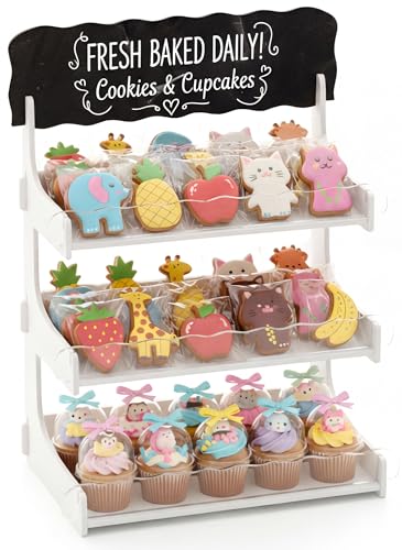 HOTCAN Cookie Display Stand for Bakers & Vendors with Acrylic Front | Wooden Dessert Stand with Chalkboard Sign for Market Booths, Craft Fairs & Events | 3 Tiered Cookie Display for Cupcakes, Muffins & Pastries (White) - color: White, size: 3 Tier