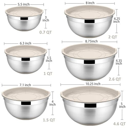 P&P CHEF Stainless Steel Mixing Bowls With Lids, Set of 6, Khaki - color: Khaki