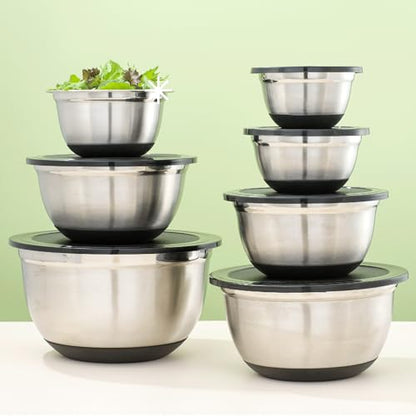 JoyJolt Stainless Steel Mixing Bowls with Airtight Lids, 7 Piece Nesting Bowls Set for Kitchen with Measurement Marks, Non-Slip Bottoms, Cooking, Baking, Prepping, Storage, 7/5/4/3/1.5/1/.75QT, Black