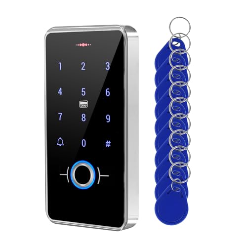 IP68 Waterproof Fingerprint Door Access Control Keypad – RFID 13.56MHz Entry System with Cards, PIN Code, Backlit Touch Panel, Doorbell Function,with 10 Key Fobs,Can be Installed Outdoor - style: F20-10IC