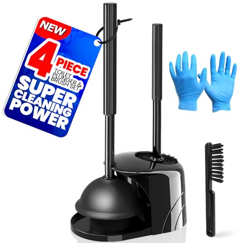 4in1 Toilet Plunger and Brush Set - Home Bathroom Cleaning Tools - color: Black