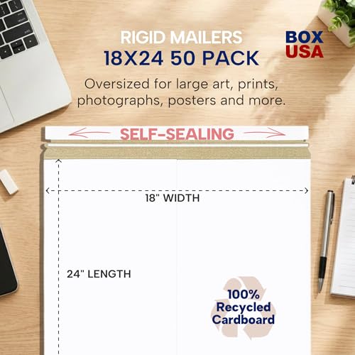 BOX USA Rigid Mailers 18" x 24" (50-Pack) - Cardboard Mailer Envelopes for Oversized Artwork, Posters, Blueprints - Stay Flat - size: 18" x 24" (50-Pack)