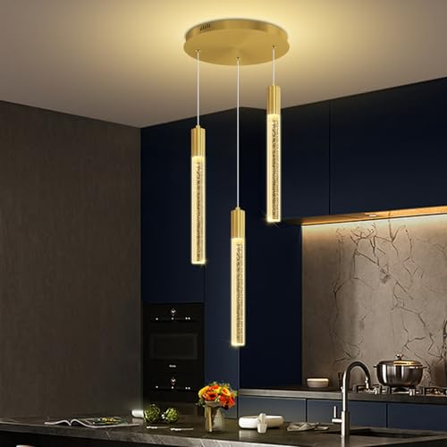 LED Modern Bubble Crystal Pendant Light for Kitchen Island Dining Room Living Room Foyer Remote Dimmable Gold Hanging Ceiling Fixture - color: Gold, size: 3-Light