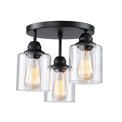 3-Lights Industrial Semi Flush Mount Ceiling Light, Vintage Light Fixture with Clear Seeded Glass Shade - color: 3-Lights, size: 1 Pack